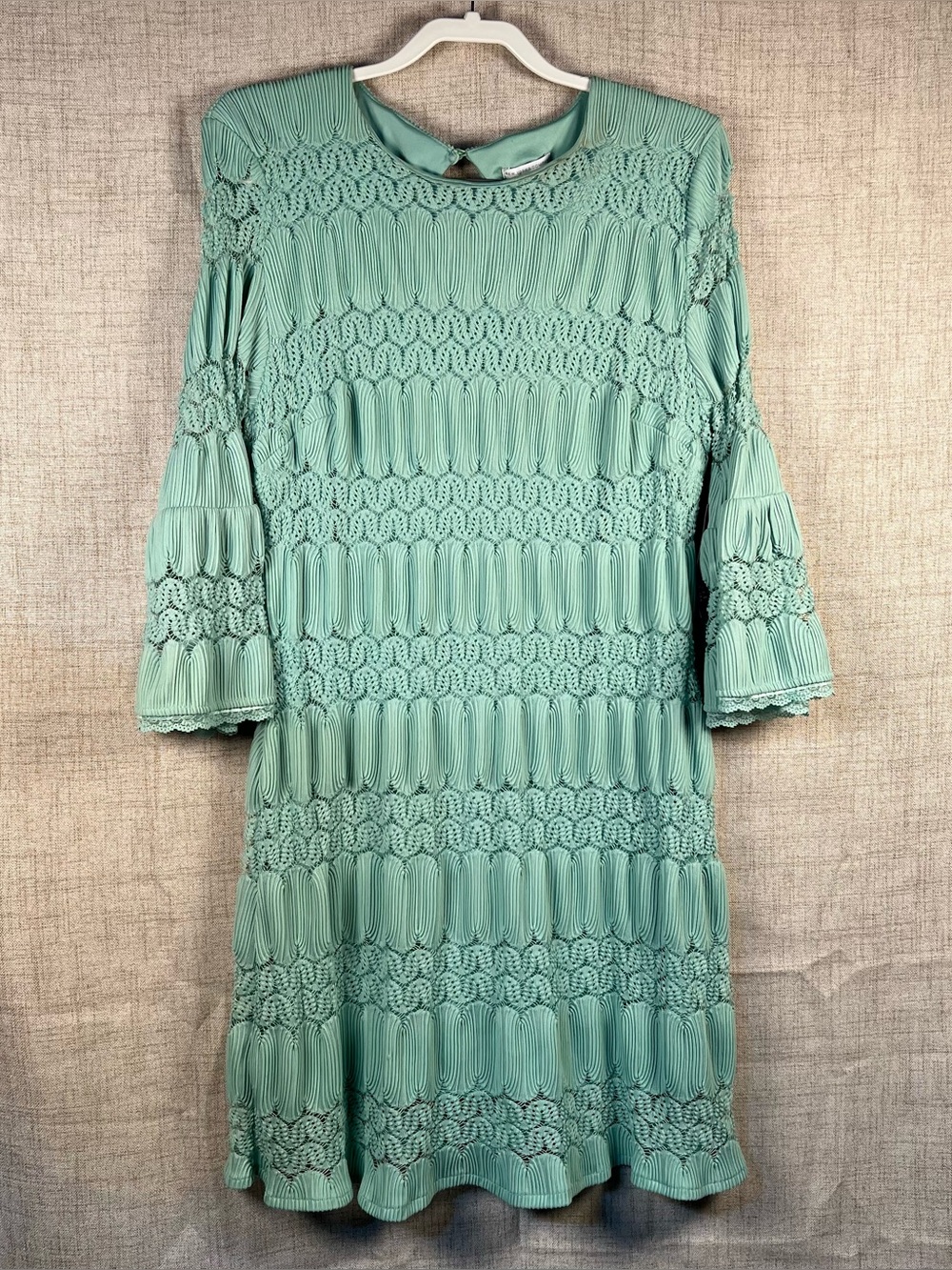 NY & CO Dress Mini Lace See Thru Bell Sleeves Round Neck Green Women's XL